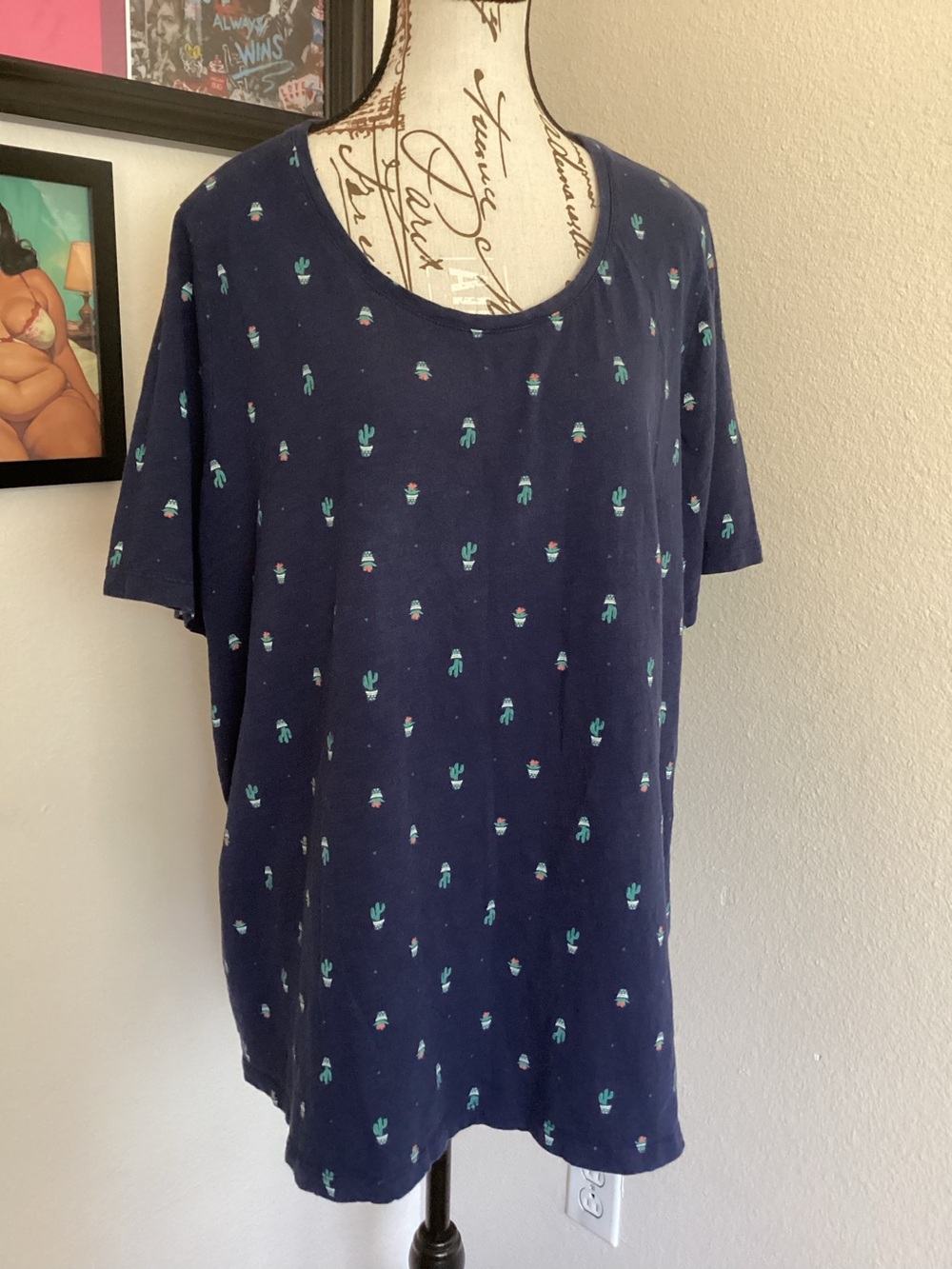 Catherines Navy Blue Short Sleeve Tee with Teal Cactus Print